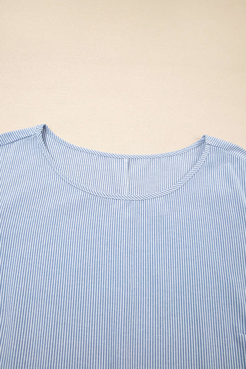 Sky Blue Stripe Crisscross Lace Detail Mixed Striped Patchwork Plus Size Shift Long Dress