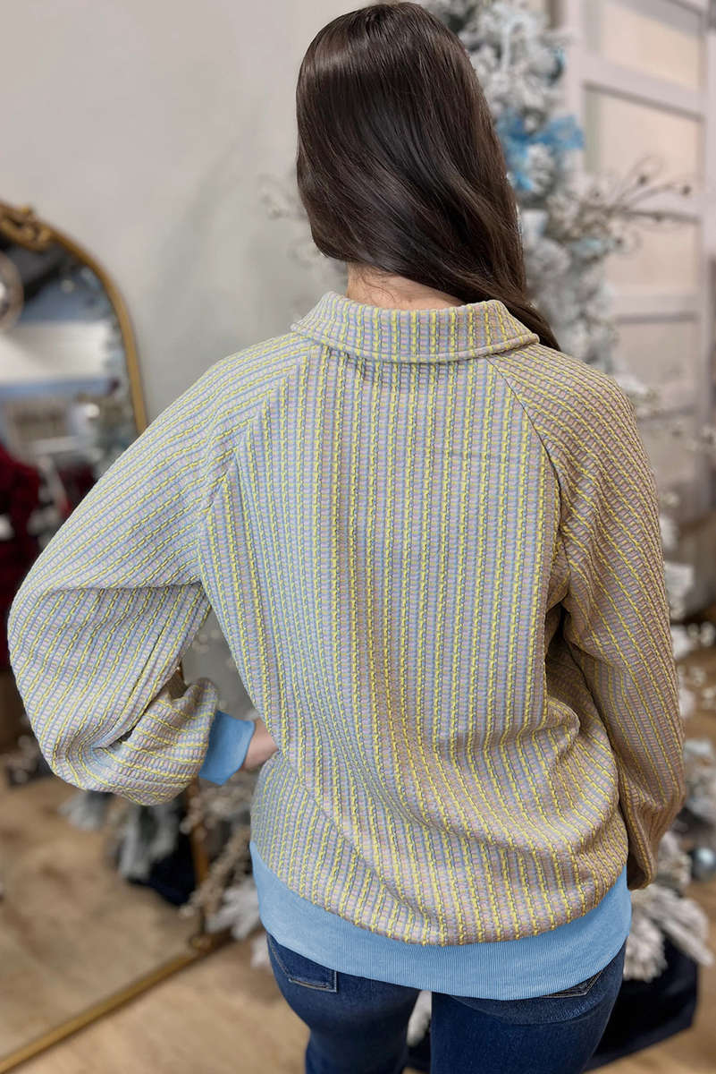 Beau Blue Button Front Jacquard Henley Sweatshirt