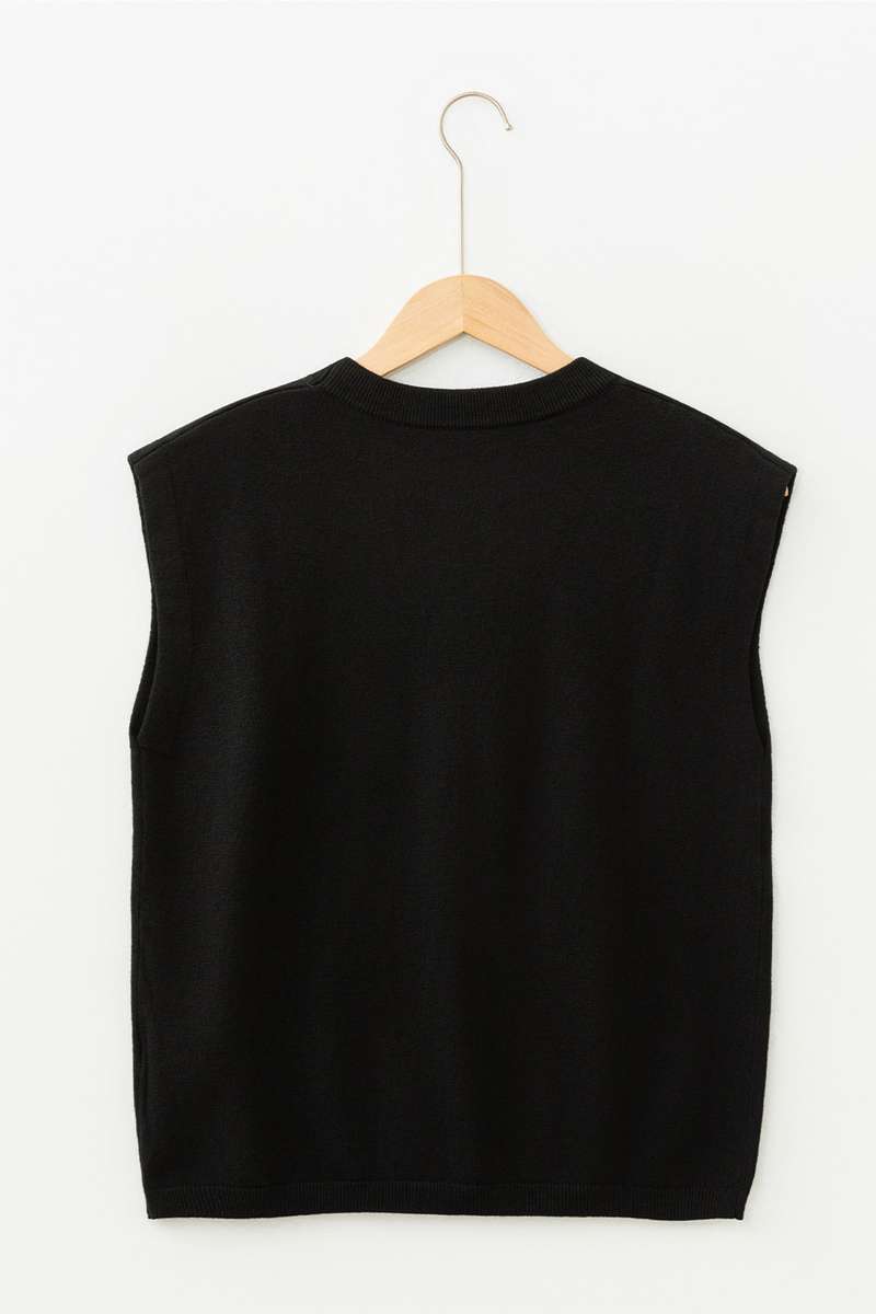 Black Solid Color Crew Neck Knit Cap Sleeve Sweater