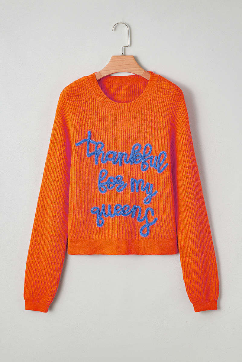 Vitality Orange Thankful for my queens Ribbed Knit Drop Shoulder Graphic Sweater
