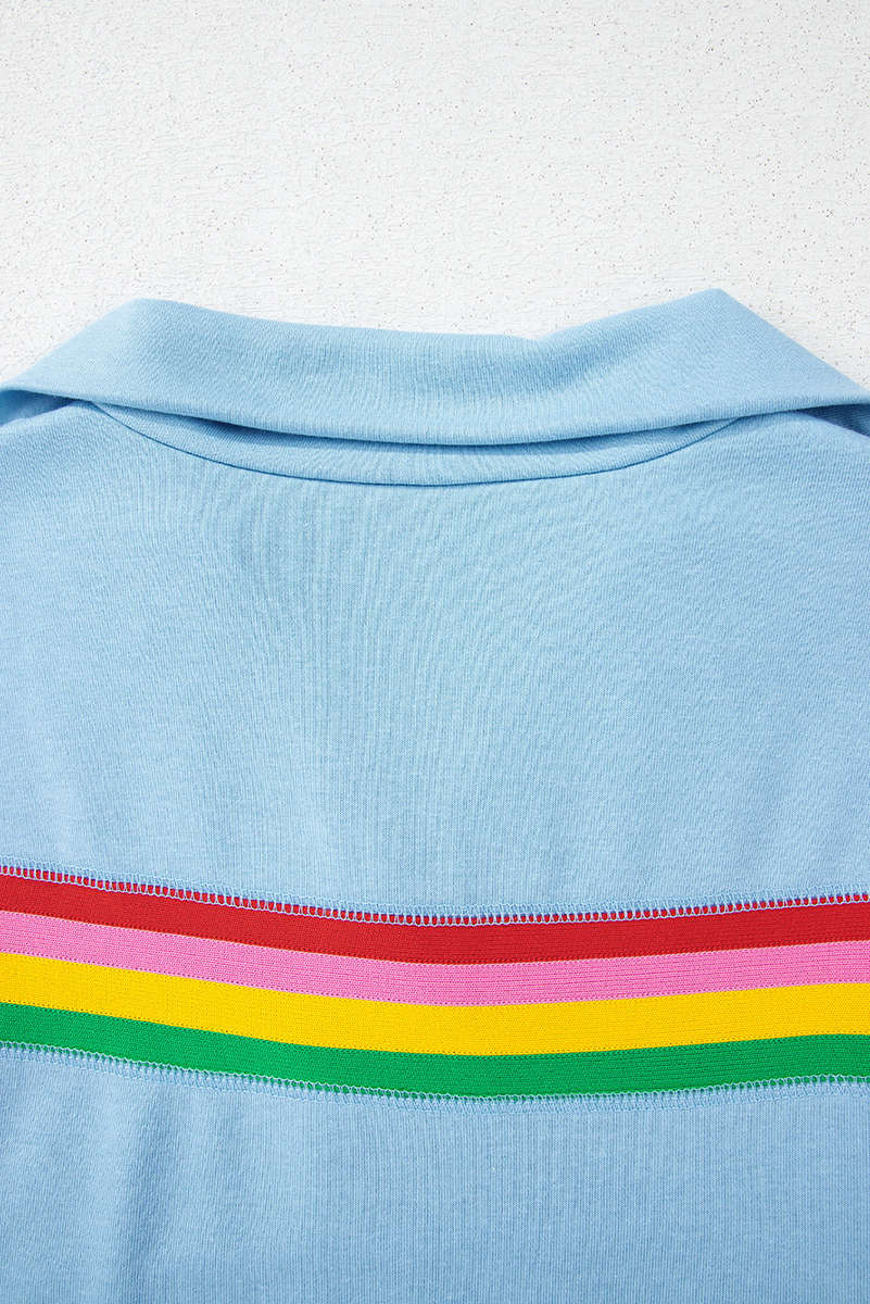Sky Blue Rainbow Colorblock Collared Short Sleeve Top 2 Piece Shorts Set