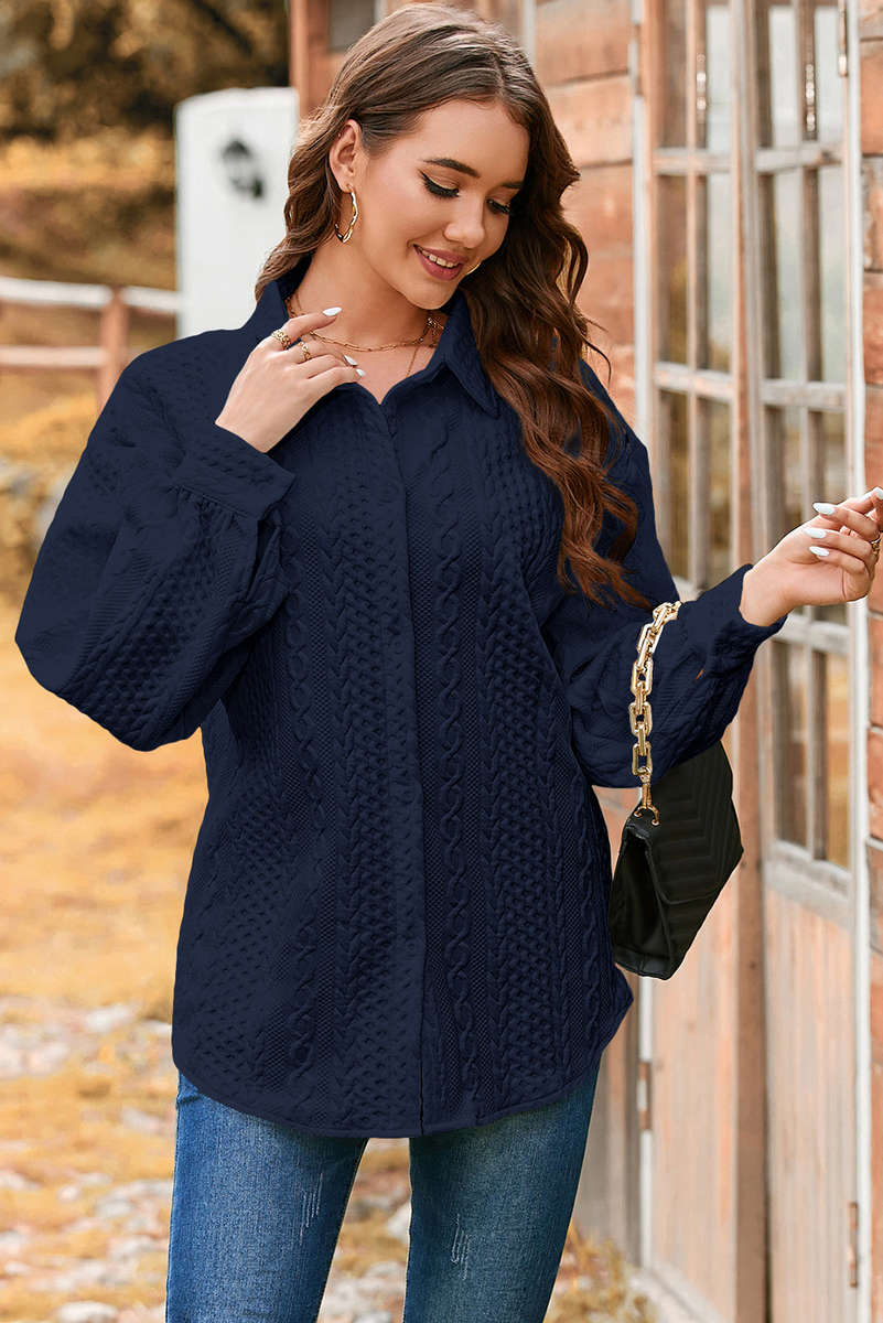 Navy Blue Cable Texture Puff Sleeve Loose Shacket
