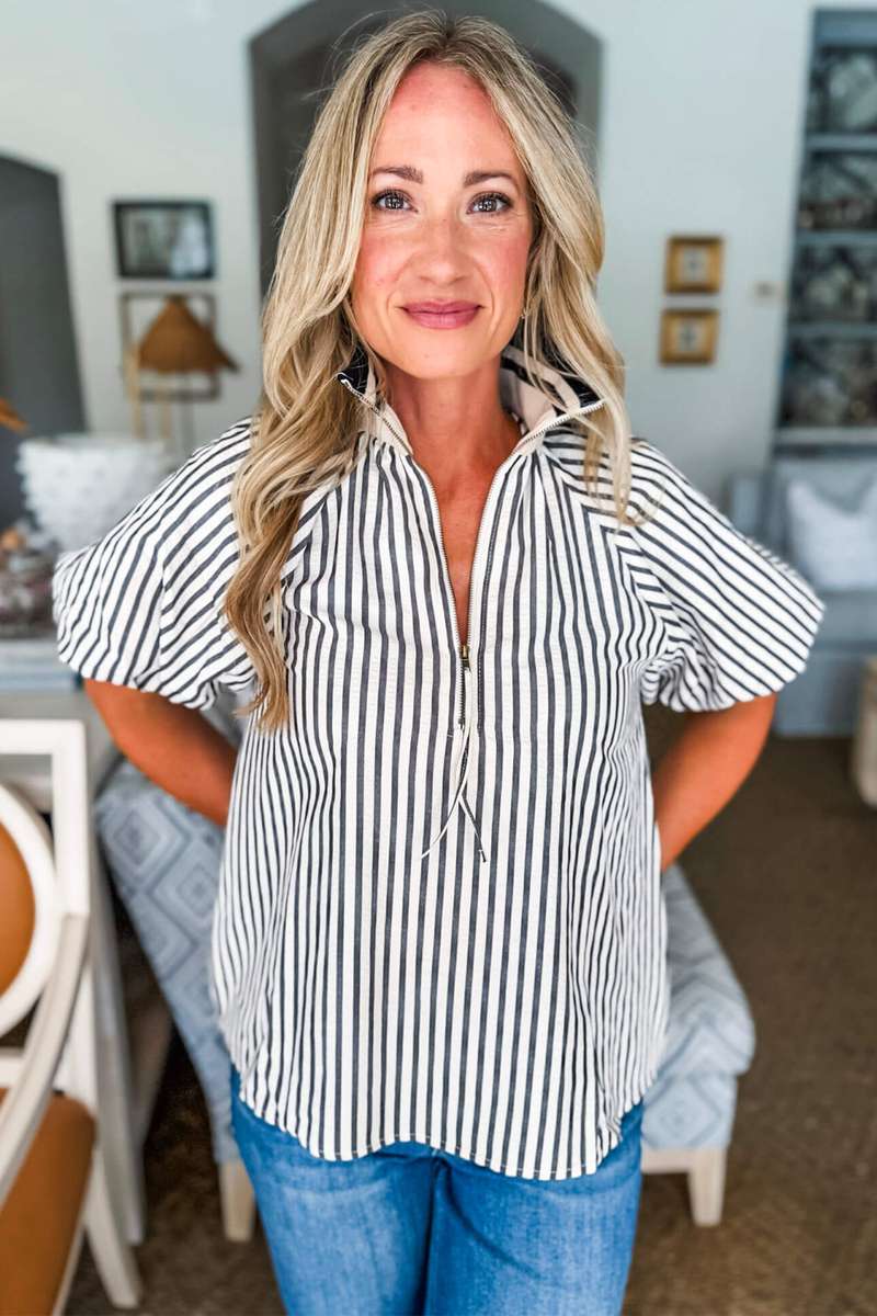 Black Stripe Polo Collar Half Zip Short Puff Sleeve Blouse