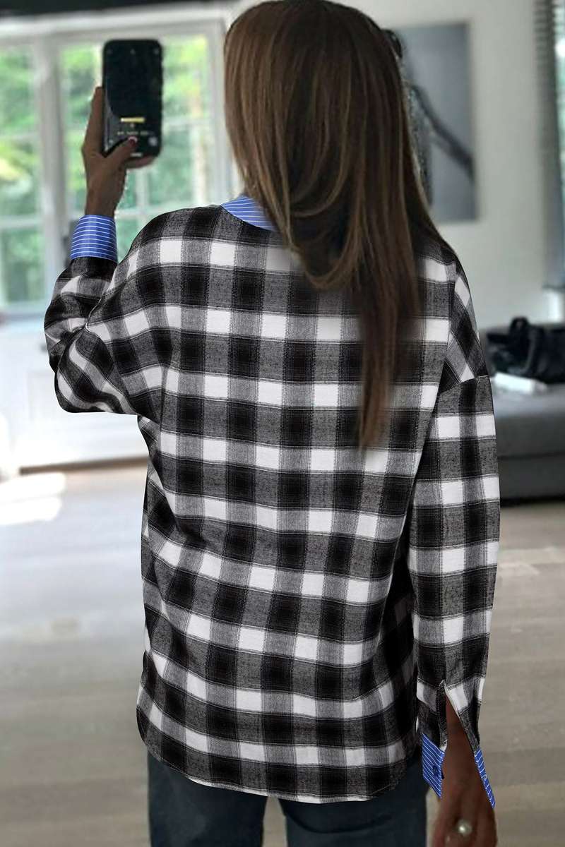 Black Contrast Striped Edge Half Placket Plaid Blouse