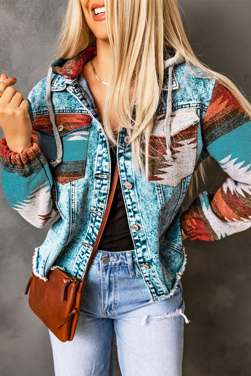 Multicolor Aztec Print Frayed Hem Denim Jacket