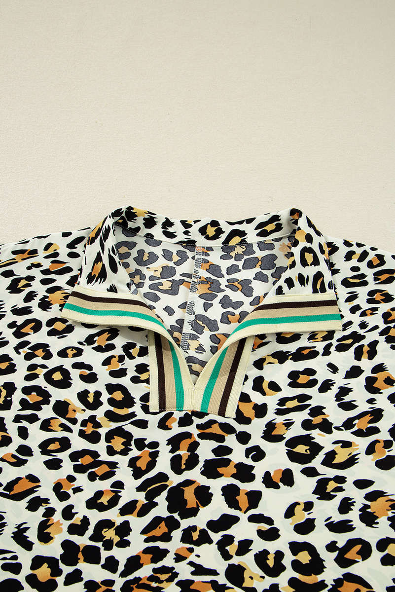 Khaki Leopard Print Contrast Striped V Neck Blouse