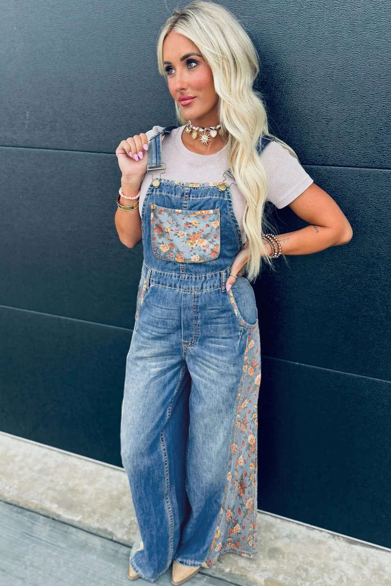 Peacock Blue Floral Patchwork Bib Denim Wide Leg Overalls