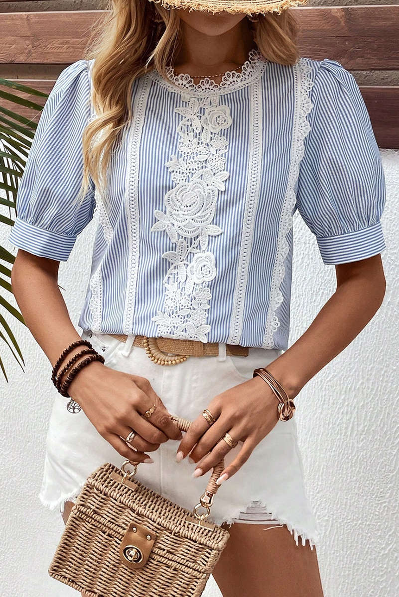 Sky Blue Stripe Floral Lace Splicing Puff Sleeve Blouse