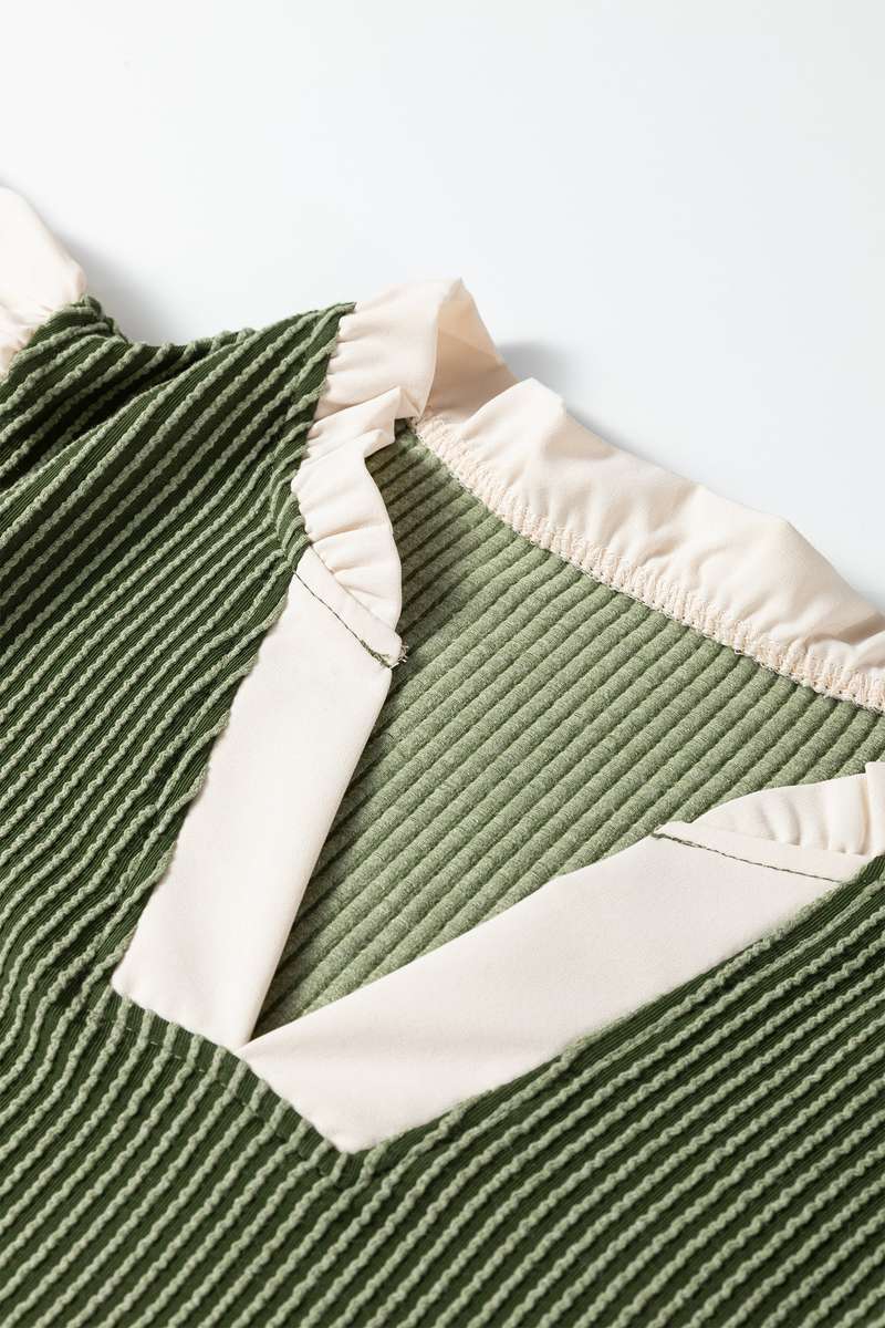 Vineyard Green Plus Size Contrast Frilled Neckline Ruffled Short Sleeve Ribbed Textured Blouse