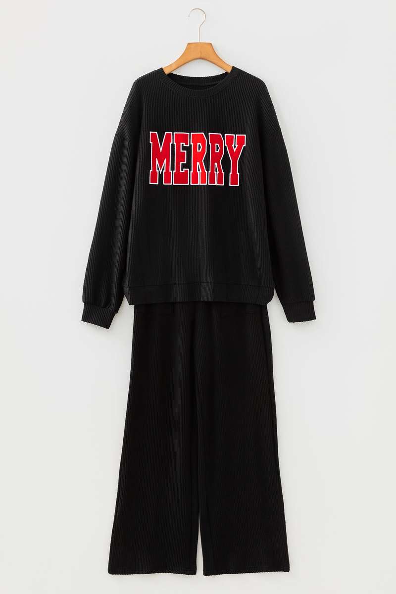 Black MERRY Corded Long Sleeve Top and Pockets Pants Set
