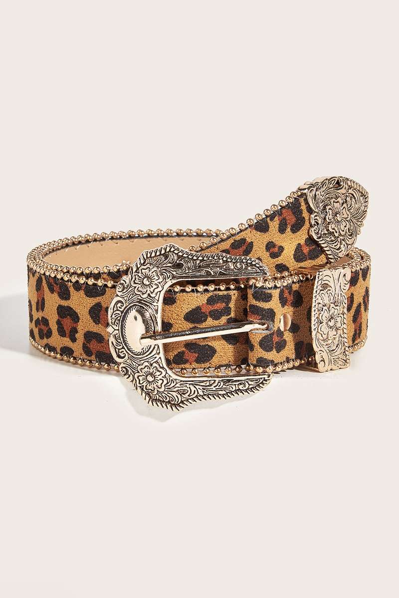 Thai Curry Leopard Beading Trim Retro Embossed Hardware PU Waist Belt