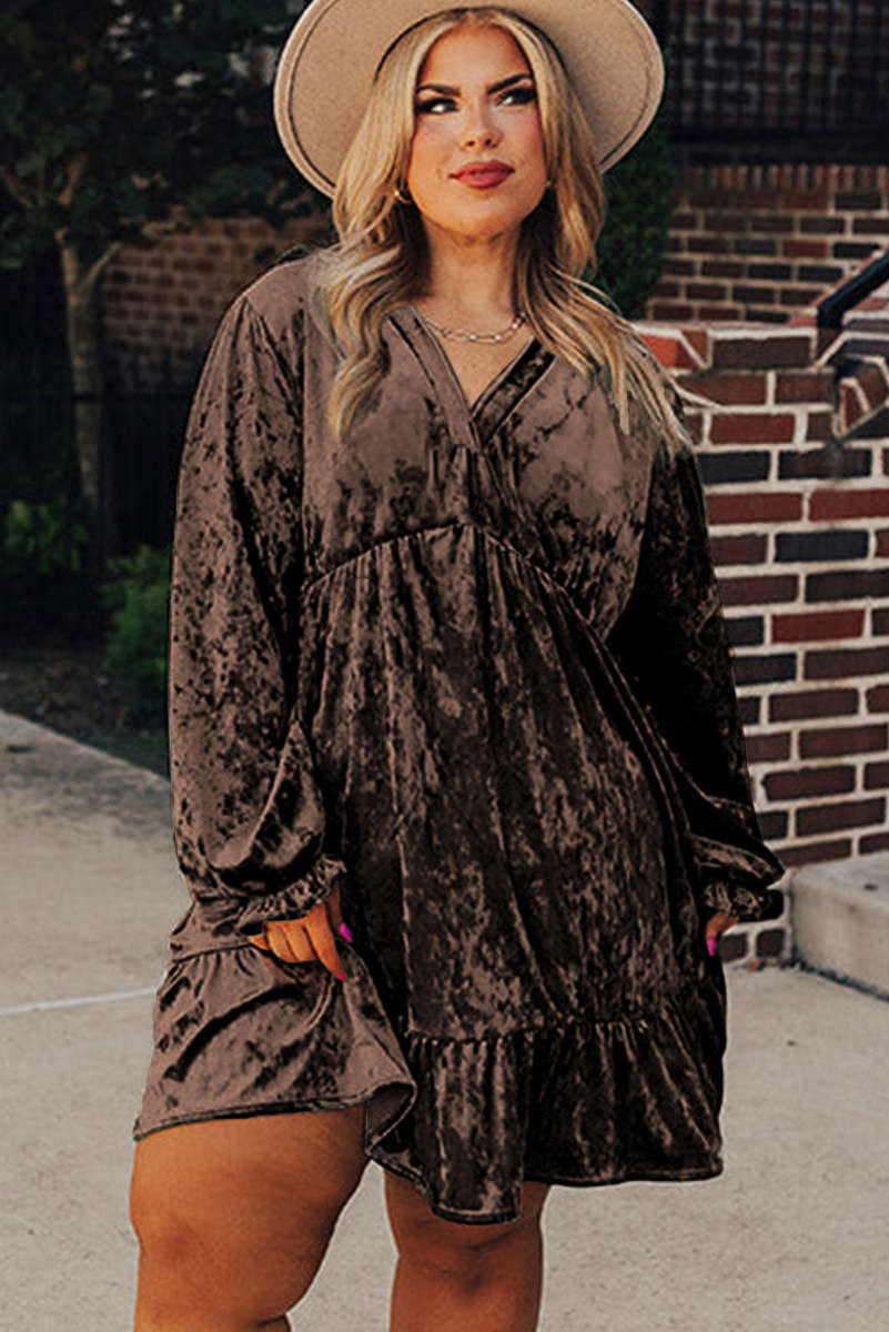 Coffee Plus Size Velvet Babydoll Mini Dress with Puff Sleeve