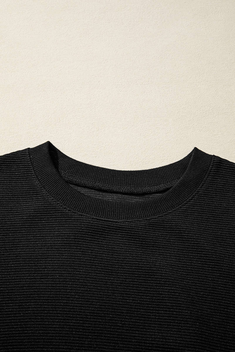 Black Ribbed Texture Baggy Drop Shoulder Pullover and Shorts Set