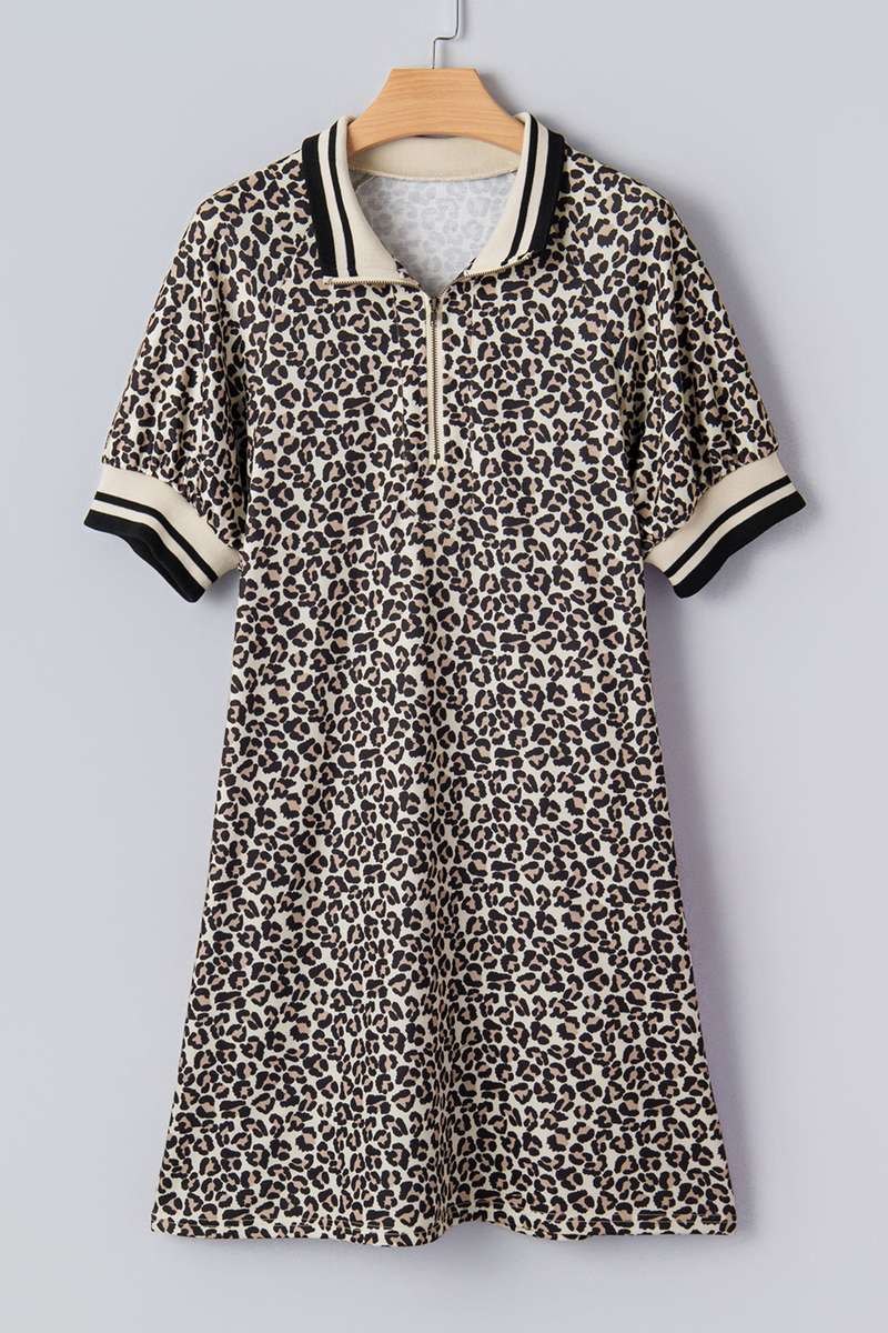 Khaki Leopard Print Zip Neck Striped Webbing Patchwork T Shirt Mini Dress