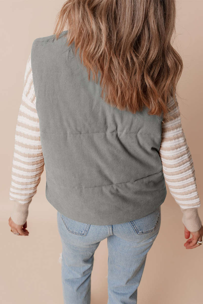 Gray Corduroy Stand Neck Zipped Puffer Vest