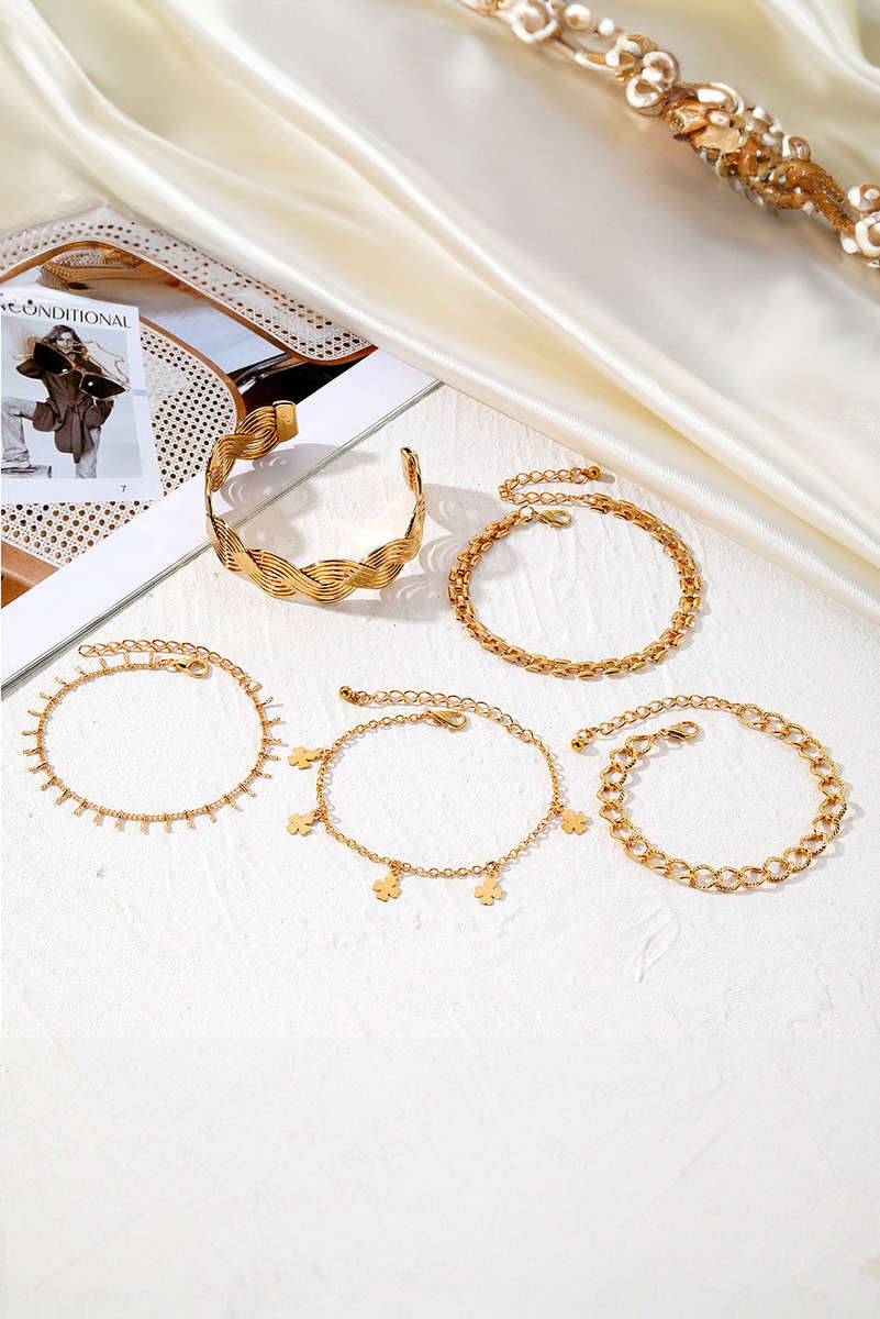 Gold Clover Charm Multi Layered Plated Adjustable Bracelet Set