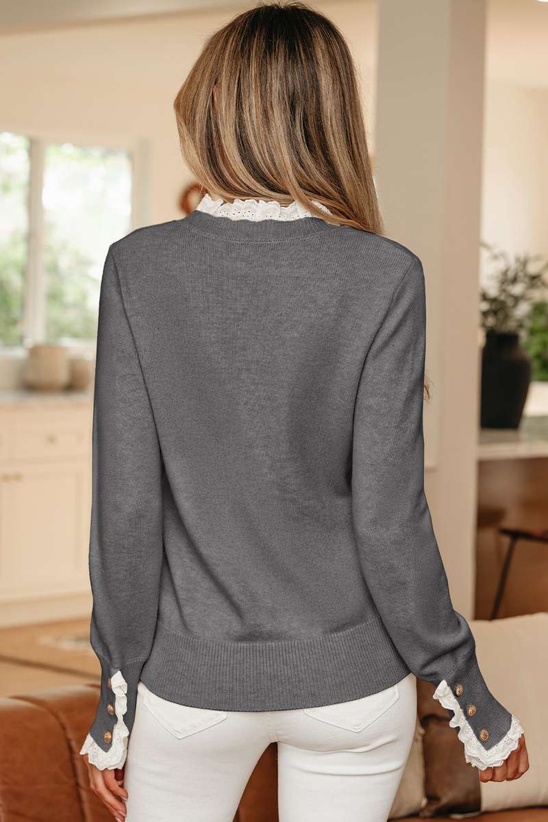 Sleet Lace Trim Patchwork Buttoned Cuffs Loose Sweater