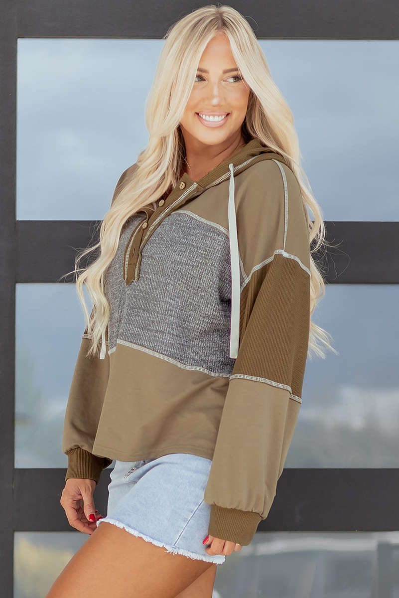 Jungle Green Mixed Texture Patchwork Exposed Seam Half Button Pullover Hooded Sweatshirt