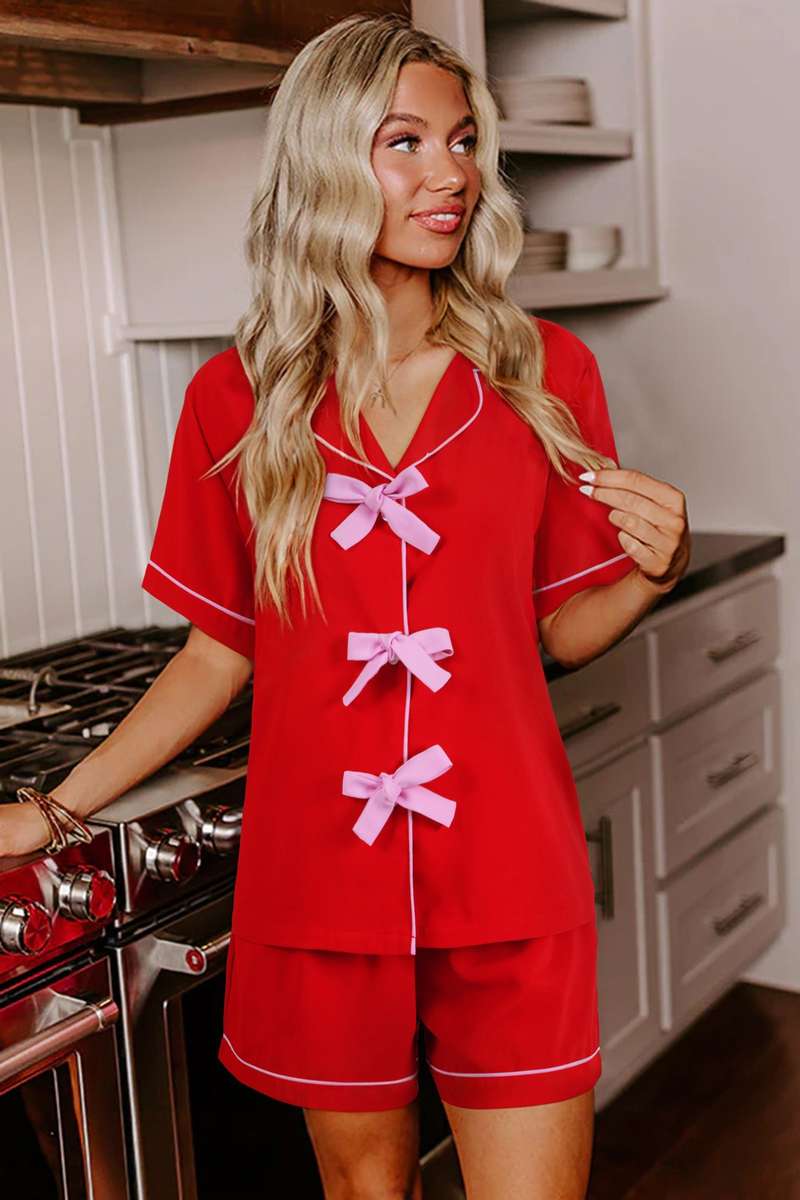 Fiery Red Contrast Trim Ribbon Bow Short Silky 2pcs Pajama Set
