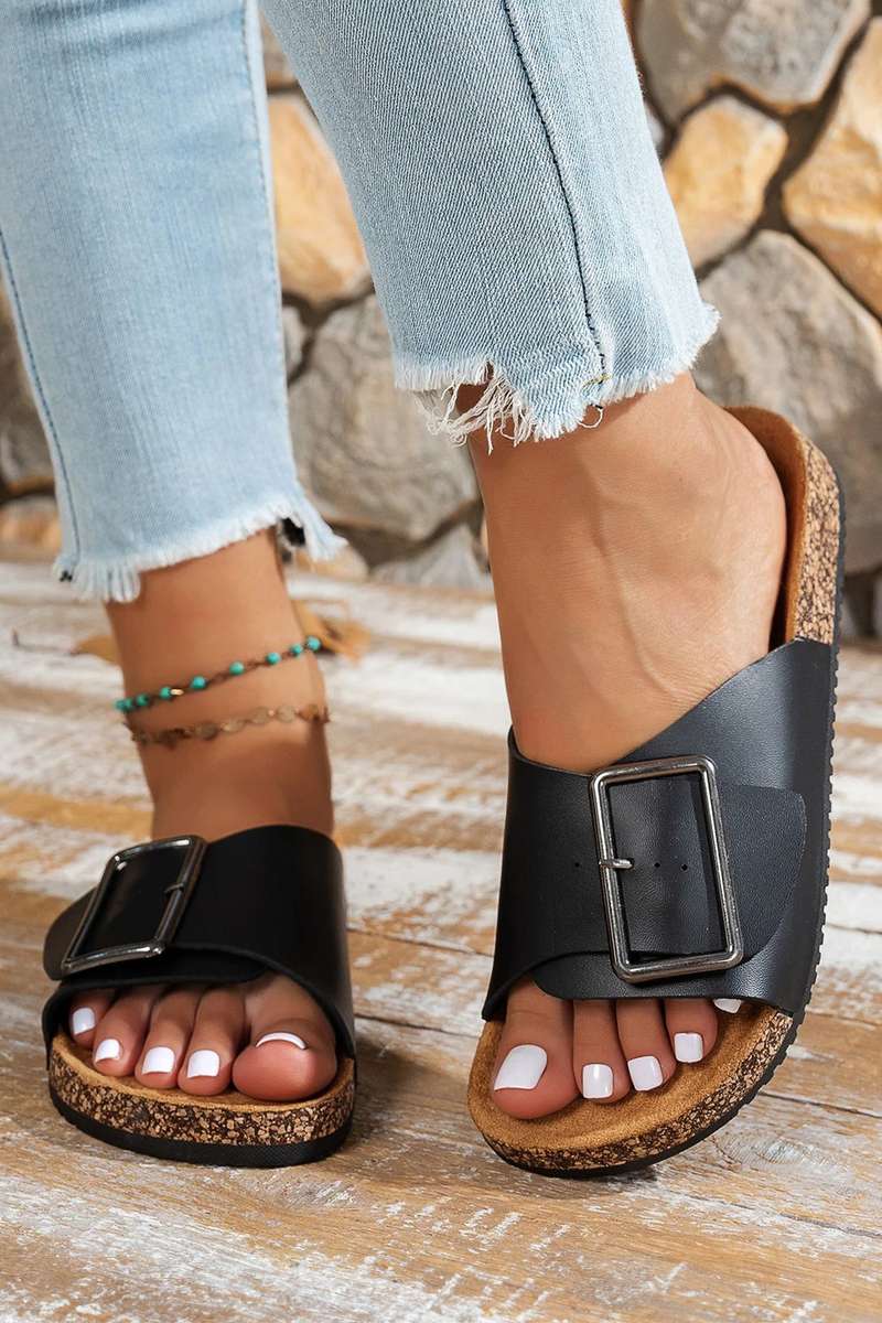 Color black Retro Geometric Print Buckle Strap Flat Slippers