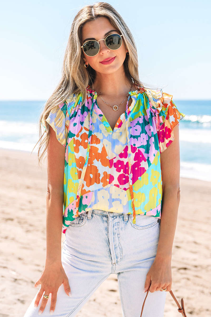 Multicolour Leopard Flutter Sleeve V Neck Crinkled Blouse