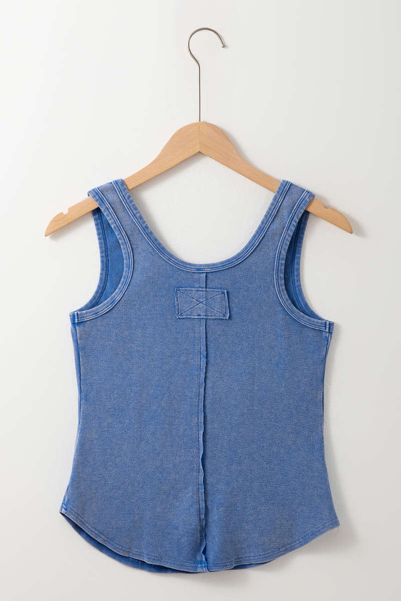 Sky Blue Mineral Wash Ribbed Notch Neck Tank Top