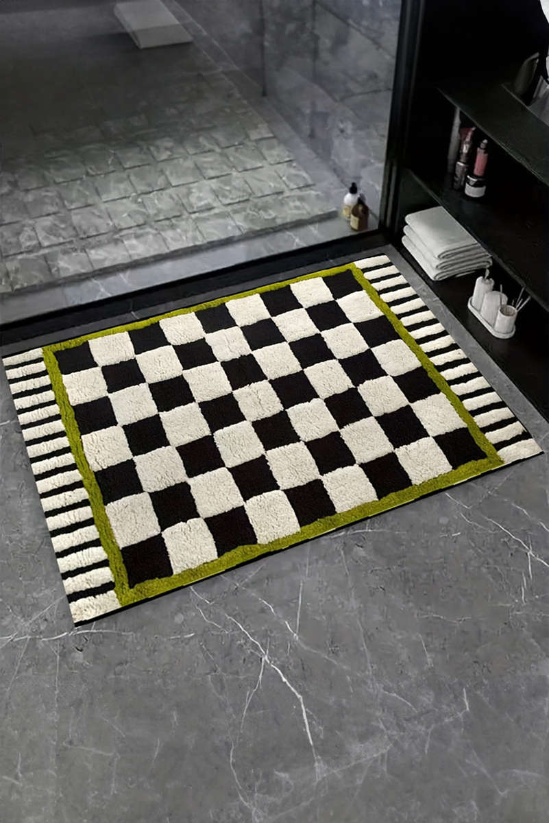 Spinach Green Square Trim Plush Checkered Striped Bath Rug