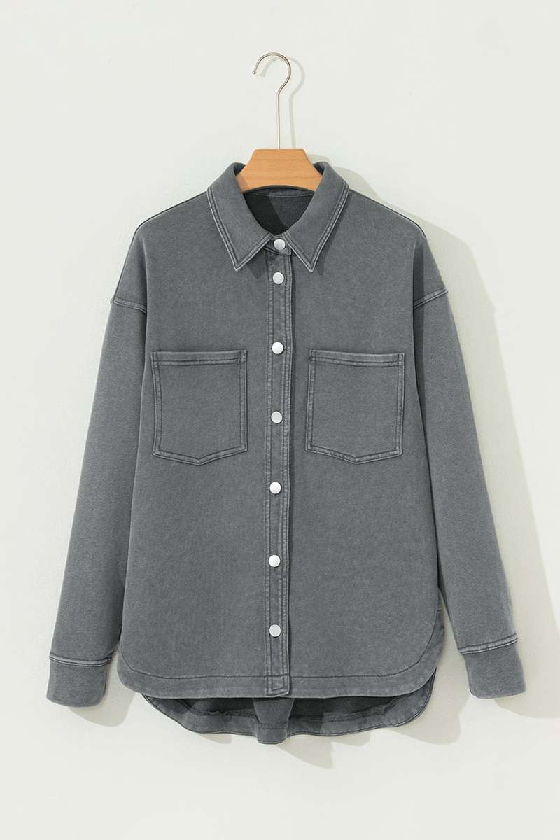 Medium Grey Mineral Wash Chest Pockets Drop Shoulder Shacket with Side Slit