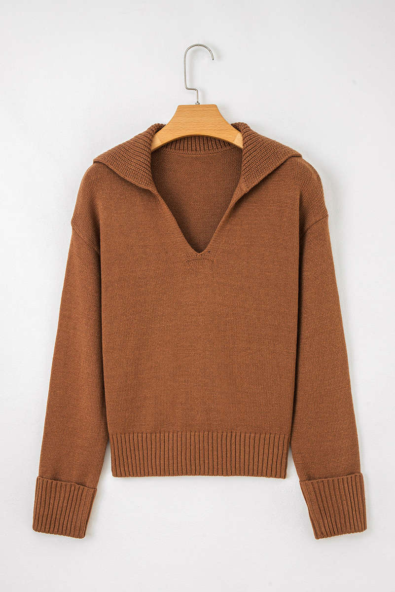 Chestnut Collared V Neck Ribbed Edge Sexy Elegant Sweater