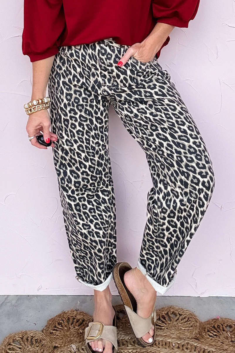 Black Leopard Print Barrel Jeans