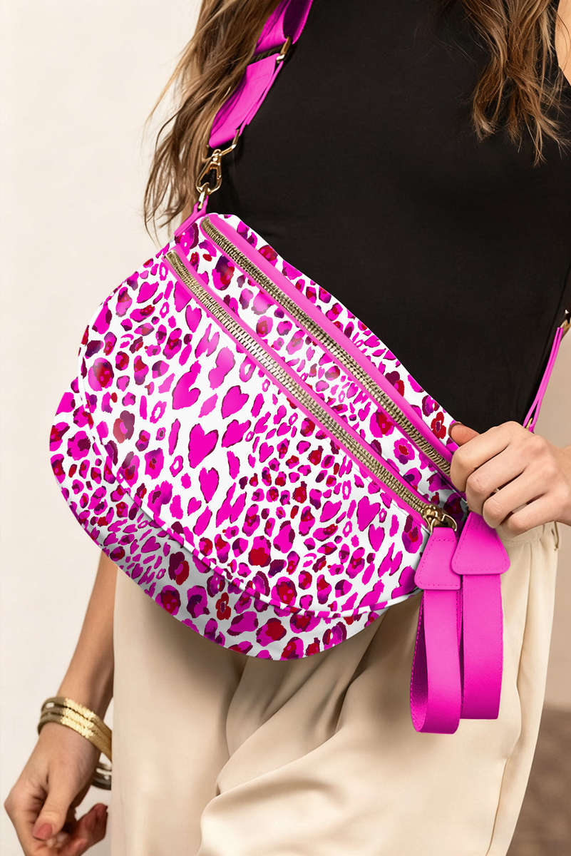 Rose Red Leopard Printed Double Zip Crossbody Bag