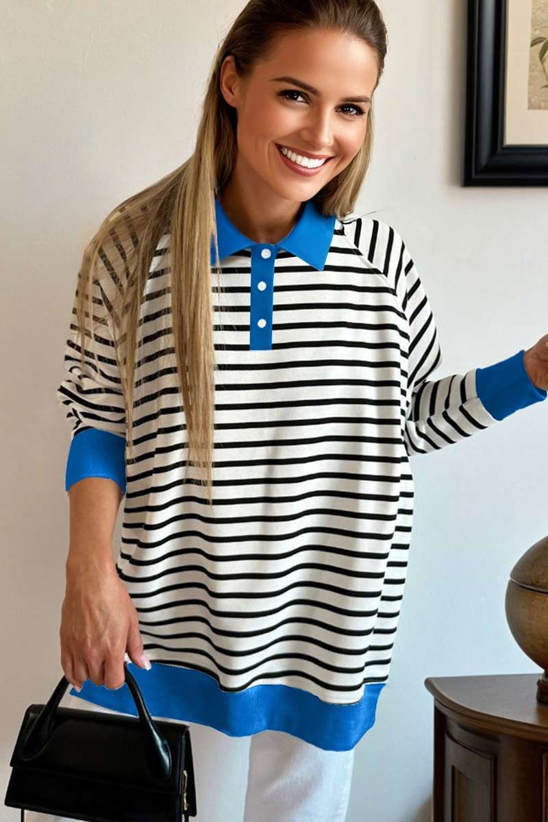 Black Stripe Color Block Patchwork Button Polo Collar Side Slit Sweatshirt