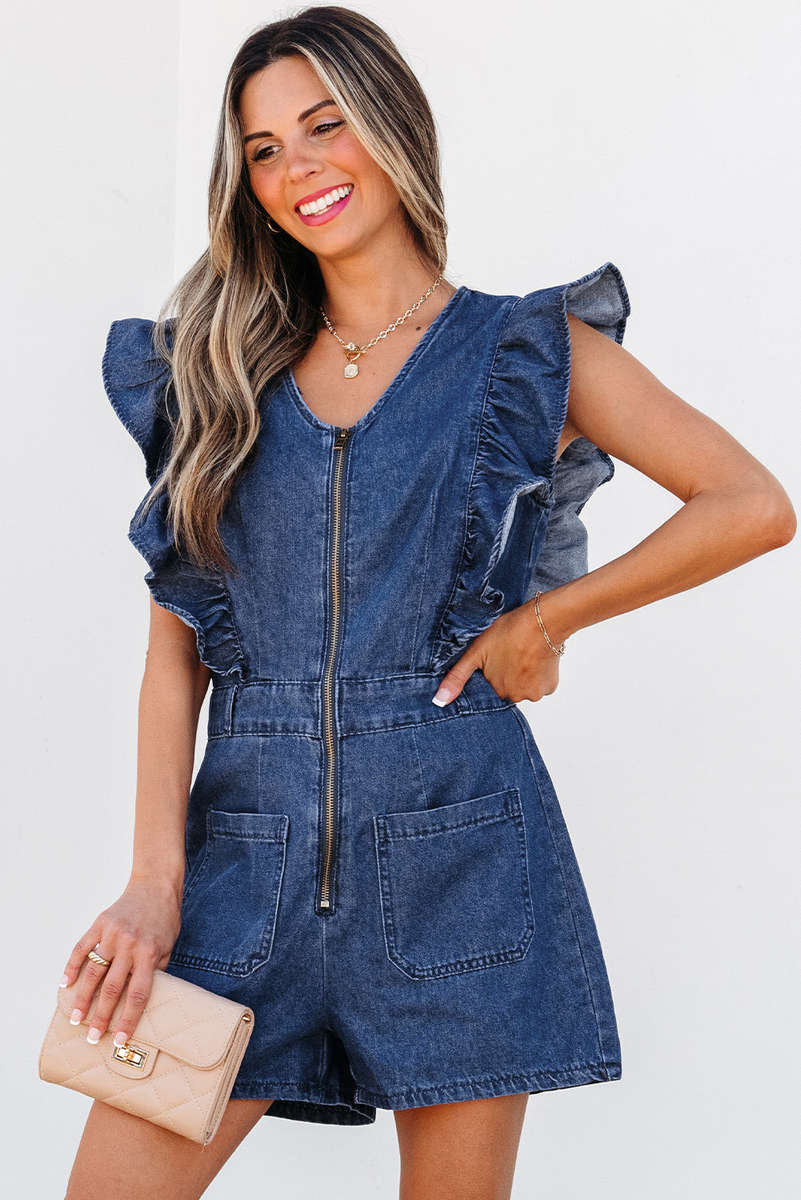 Sail Blue Denim Ruffled Zipped Front Belted Romper