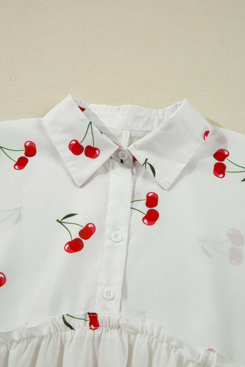 White Cherry Print Flounce Sleeve Collared Frilled Babydoll Blouse