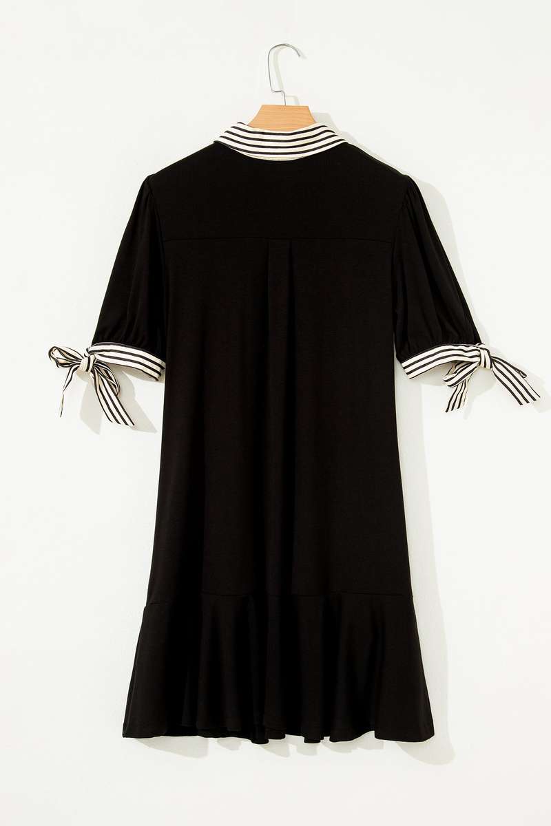 Black Stripe Detail Polo Collar Half Buttons Tied Short Sleeve Shift Mini Dress