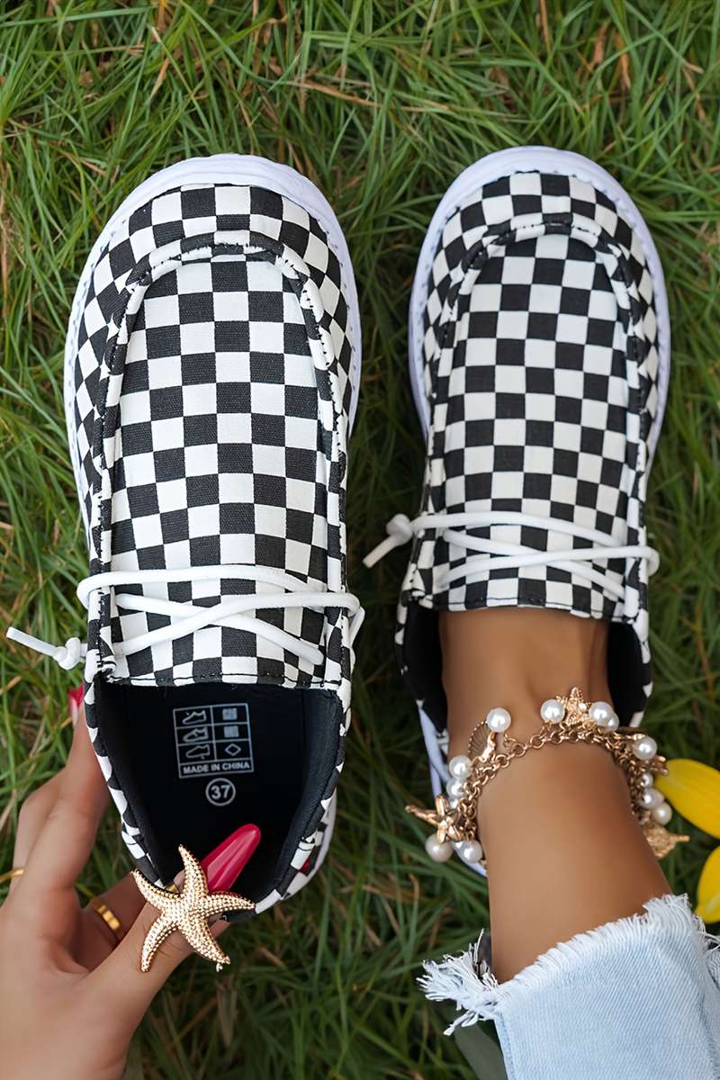 Color black Checkered Print Lace-up Detail Flat Shoes
