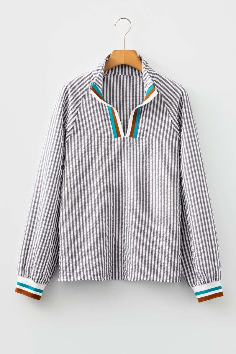 Dark Grey Striped Print Contrast Patchwork Detail Split Neck Blouse