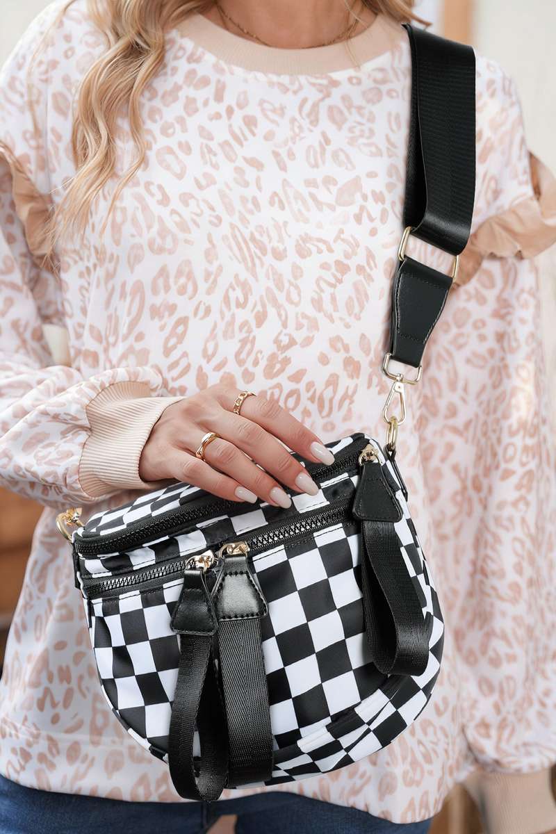 Color black Checkered Print Multi Pocket Zipped Canvas Crossbody Bag