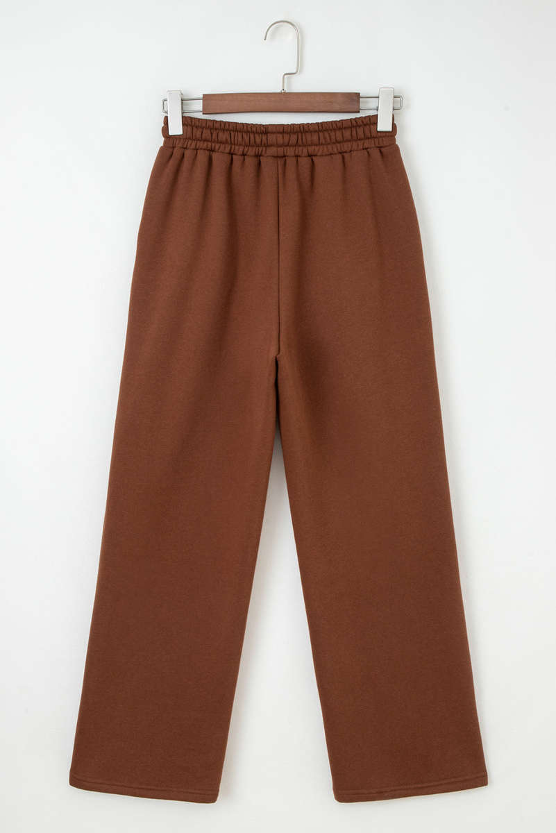 Coffee Fleece Lined Leopard Drawstring Elastic Waist Solid Pants