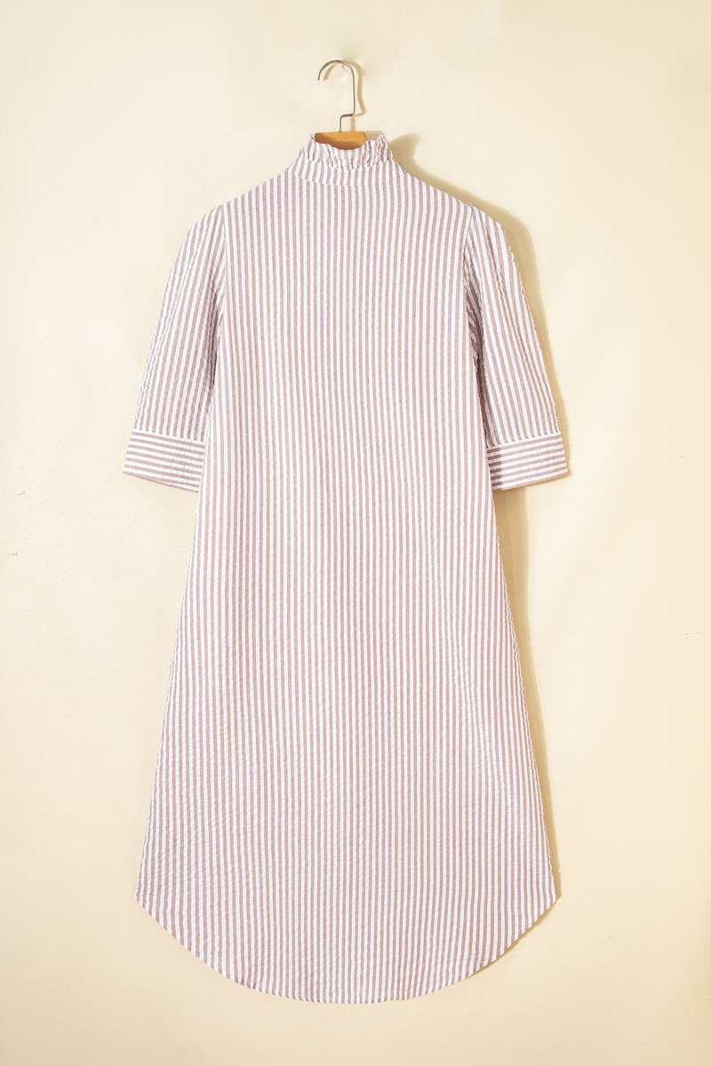 Khaki Stripe Frilled Collar Half Sleeve Shirt Maxi Dress