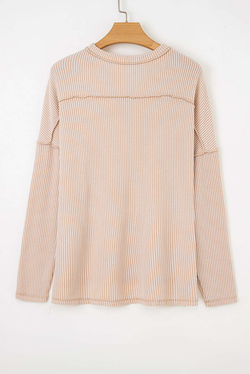 Parchment Twist Ribbed Exposed Seam Detail Long Sleeve Loose Top