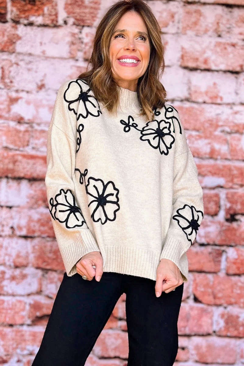 Beige Flower Stitching Mock Neck Sweater