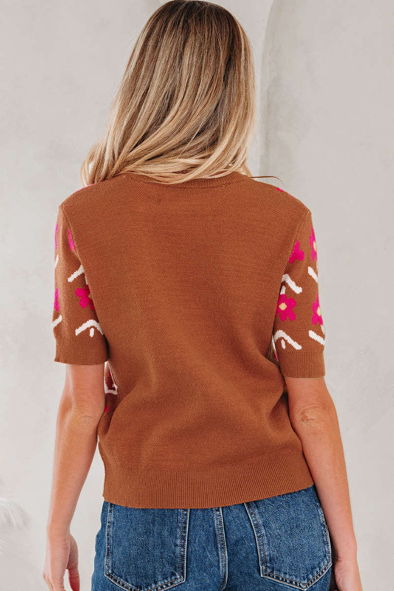 Brown Floral Short Puff Sleeve Sweater