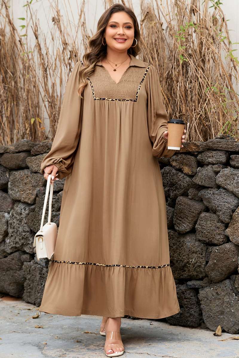 Chestnut Smocked V Neckline Leopard Piping Accent Bracelet Plus Size Long Dress