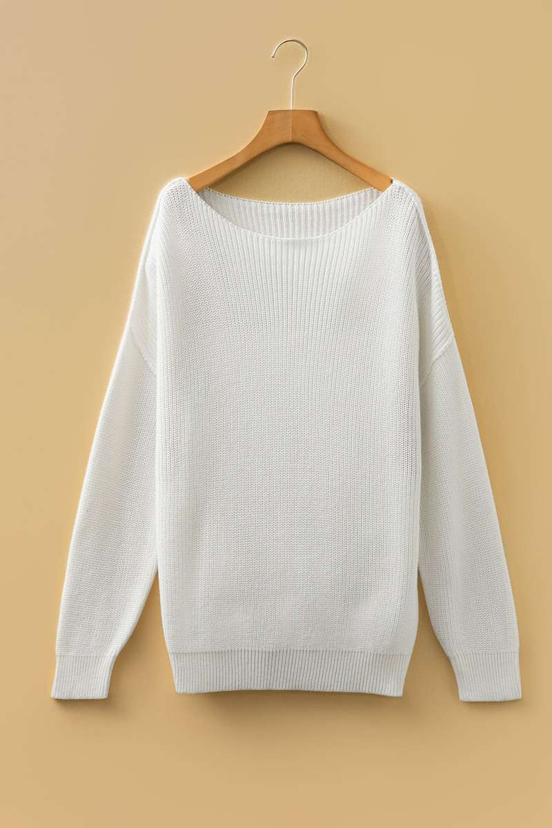 White Asymmetric Neck Drop Shoulder Baggy Slouchy Sweater