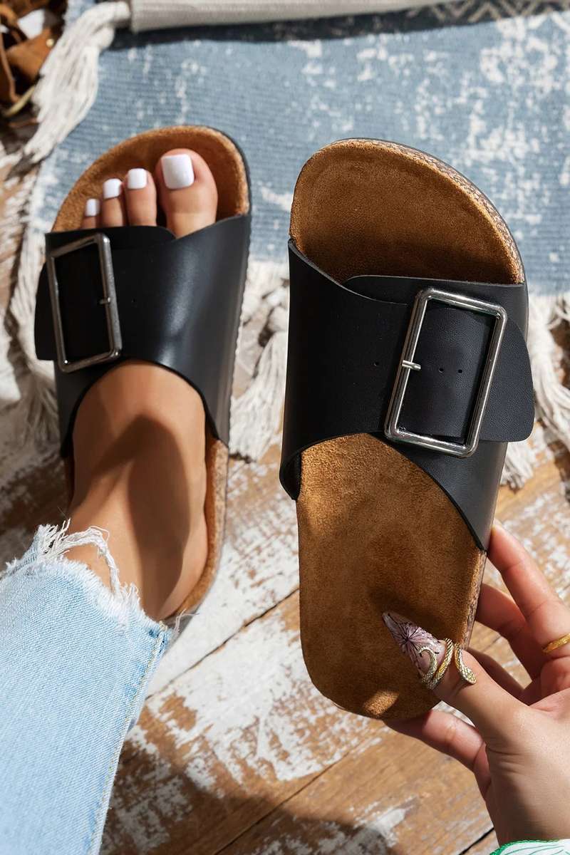 Color black Retro Geometric Print Buckle Strap Flat Slippers
