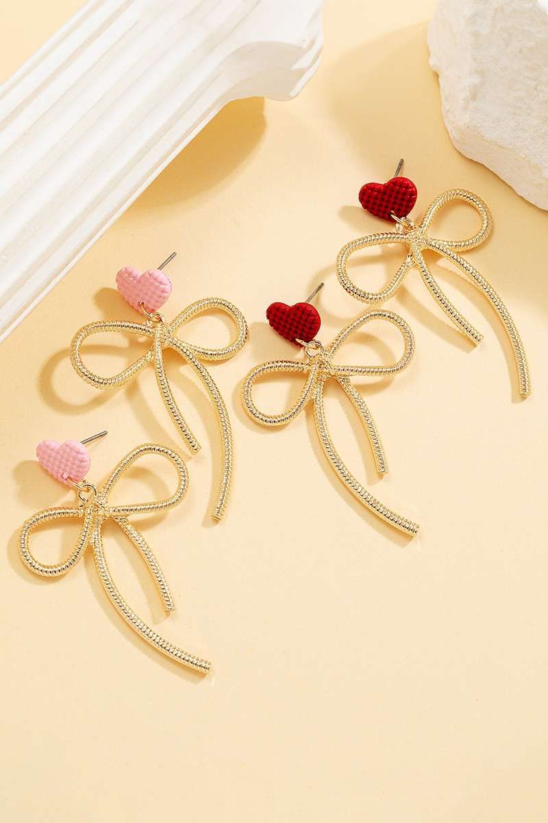 Pink Waffled Heart Stud Gold Plated Bow Dangle Earrings