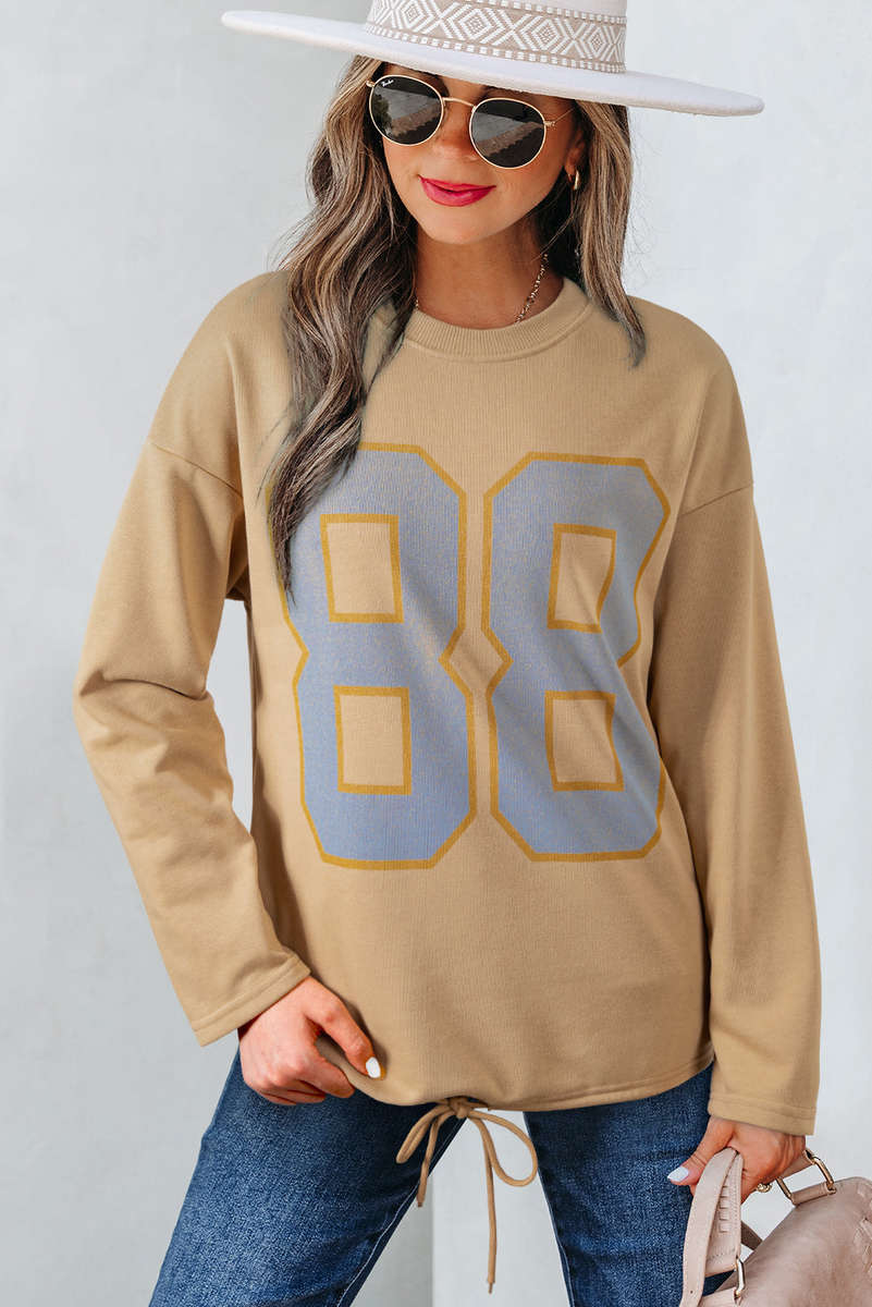 Khaki 88 Number Graphic Drawstring Hemline Oversize Long Sleeve Top