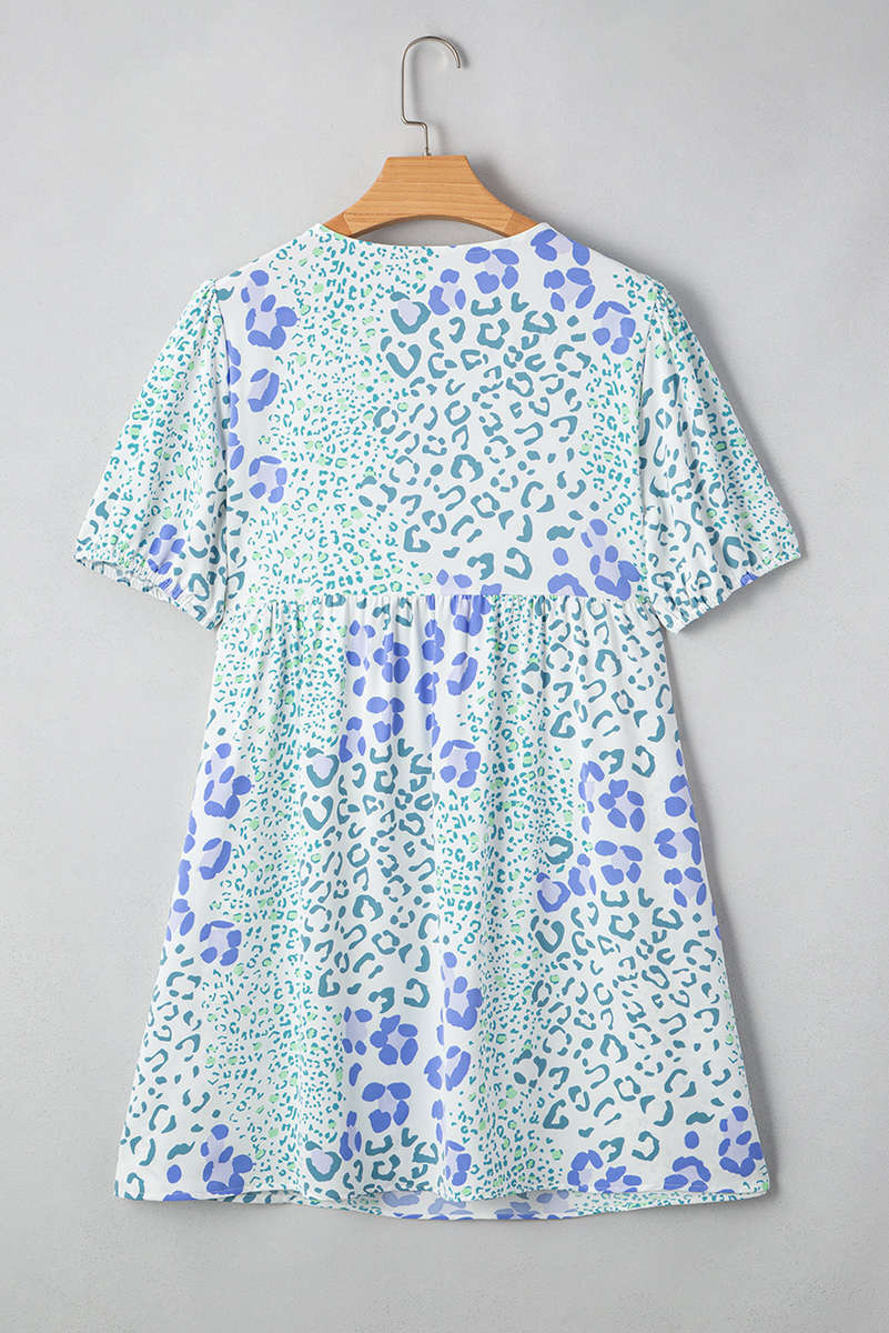 Sky Blue Leopard Contrast Bow Puff Sleeve Mini Dress