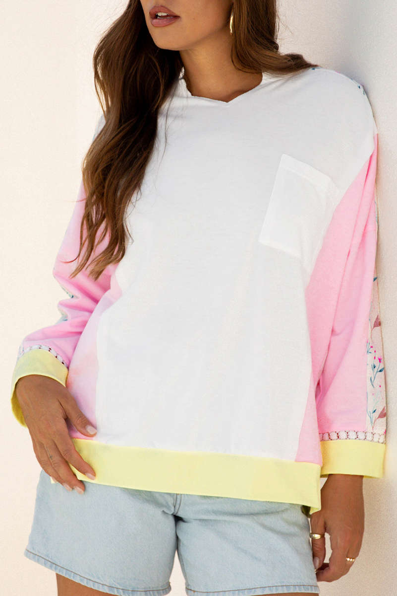 White Floral Colorblock Patchwork Chest Pocket Notched Neck Long Sleeve Top